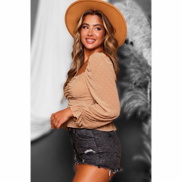 Peach Love Taupe Swiss Dot Ruched Bust Ruffle Hem Long Sleeve Smocked Blouse - Picture 2 of 7